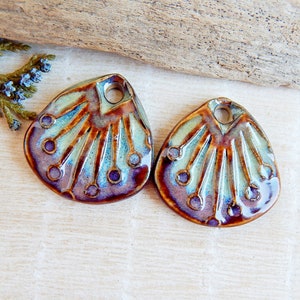 Rustic earring findings, Large dangle charms of ceramic, Artisan boho porcelain pendants for making jewelry, Handcrafted sun rays beads image 1