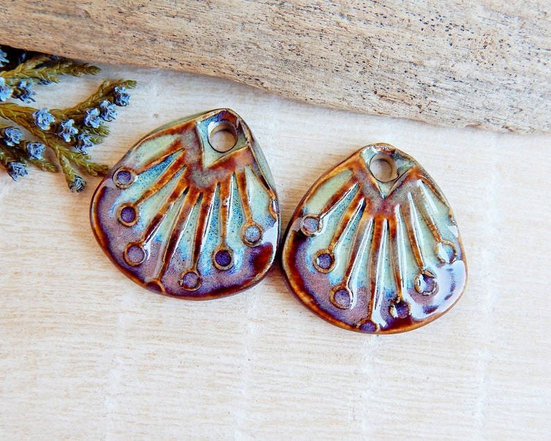 Rustic earring findings, Large dangle charms of ceramic, Artisan boho porcelain pendants for making jewelry, Handcrafted sun rays beads image 1