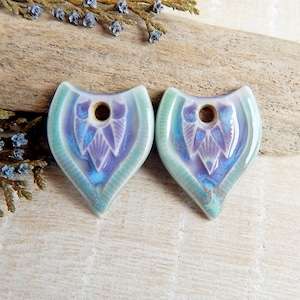 Artisan petal shape bright charms, 2pcs Handmade ceramic pendants for making earrings, Porcelain boho findings to make jewelry, Art beads