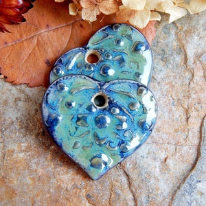 Handmade ceramic heart charms, Pair flower pendants, Dangle purple necklace findings, Boho jewelry making supplies, Big ceramic beads image 5