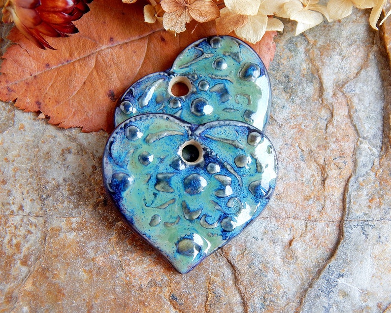 Handmade ceramic heart charms, Pair flower pendants, Dangle purple necklace findings, Boho jewelry making supplies, Big ceramic beads image 5
