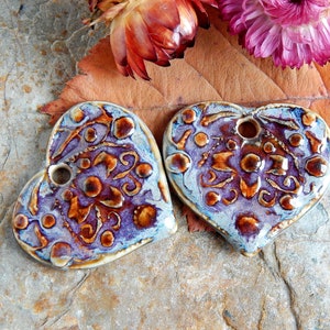 Purple heart ceramic charms, 2pcs rustic flower pendants, dangle earring findings, large boho jewelry making supplies, porcelain charms image 5