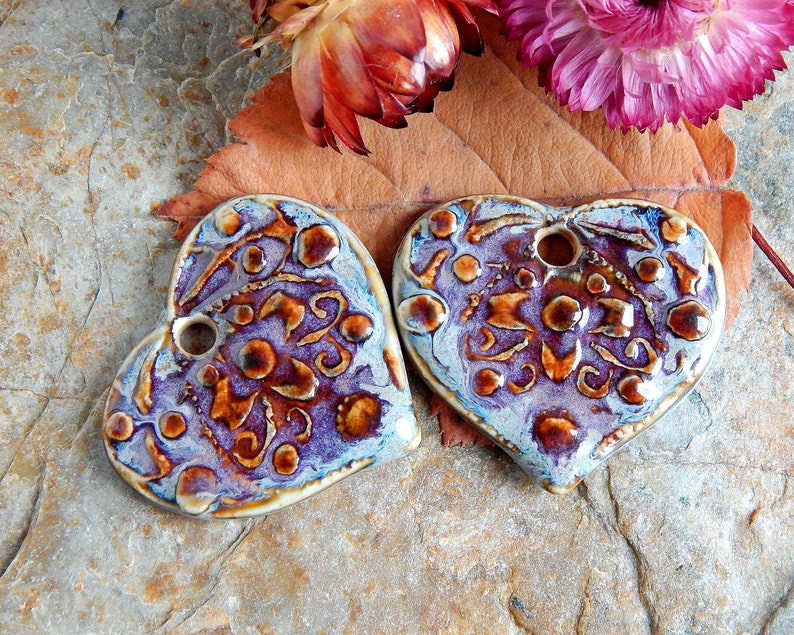 Purple heart ceramic charms, 2pcs rustic flower pendants, dangle earring findings, large boho jewelry making supplies, porcelain charms image 5