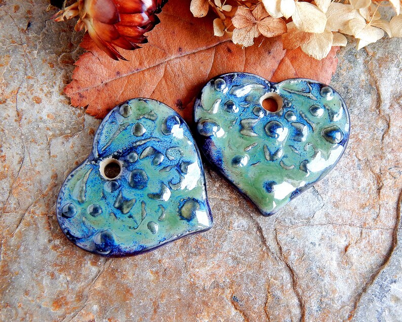 Handmade ceramic heart charms, Pair flower pendants, Dangle purple necklace findings, Boho jewelry making supplies, Big ceramic beads image 7