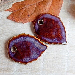 Pair brown ceramic leaves charms to make earrings, Handmade forest pendants for necklace, Artisan autumn components, Leaf jewelry findings image 6