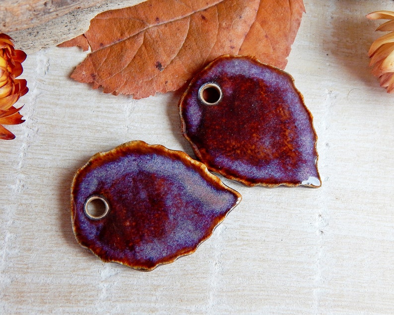 Pair brown ceramic leaves charms to make earrings, Handmade forest pendants for necklace, Artisan autumn components, Leaf jewelry findings image 6