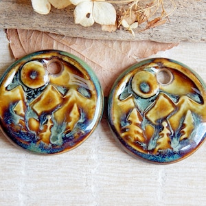 Ceramic mountains artisan charms, Handmade boho earring findings, 2 Pcs landscape pendants for jewelry making, Art ceramic beads