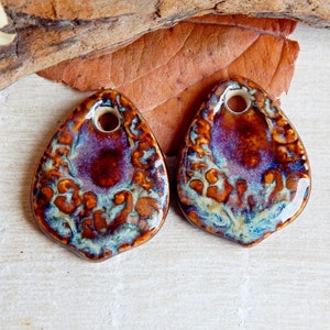 Drop ceramic earring charms, 2 pcs Boho dangle finding for Jewelry maker, Artisan rustic textured connector 1 hole, Unique handmade supplies image 4