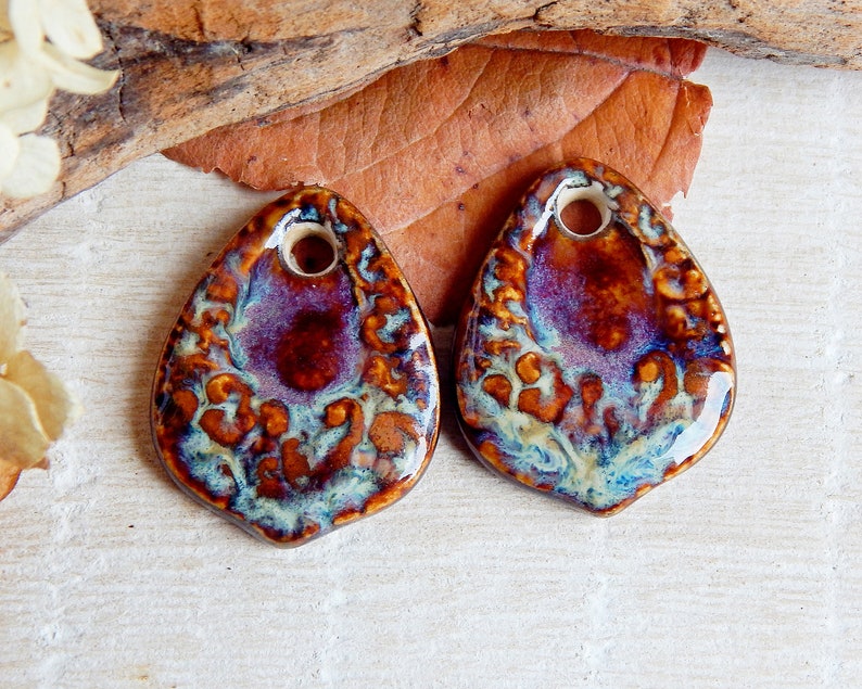 Drop ceramic earring charms, 2 pcs Boho dangle finding for Jewelry maker, Artisan rustic textured connector 1 hole, Unique handmade supplies image 4
