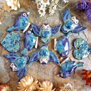 Handmade ceramic heart charms, Pair flower pendants, Dangle purple necklace findings, Boho jewelry making supplies, Big ceramic beads image 9