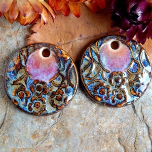 Artisan bohemian charms with round design, earring findings of ceramic with a floral pattern image 5
