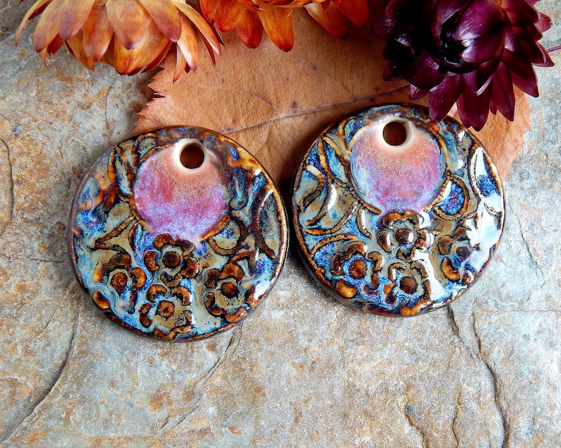 Artisan bohemian charms with round design, earring findings of ceramic with a floral pattern image 5