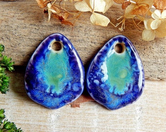 Teardrop artisan ceramic charms, 2 Blue small pendants, Boho findings for making earrings, Porcelain jewelry charms, Dangle ceramic beads