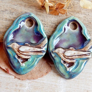 Handmade bird DIY earring charms, Artisan ceramic pendants for jewelry making, 2pcs Handcrafted boho earring findings, Nature animals charms image 1