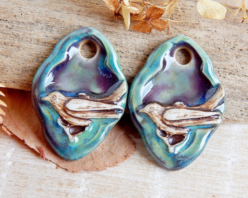 Handmade bird DIY earring charms, Artisan ceramic pendants for jewelry making, 2pcs Handcrafted boho earring findings, Nature animals charms image 1