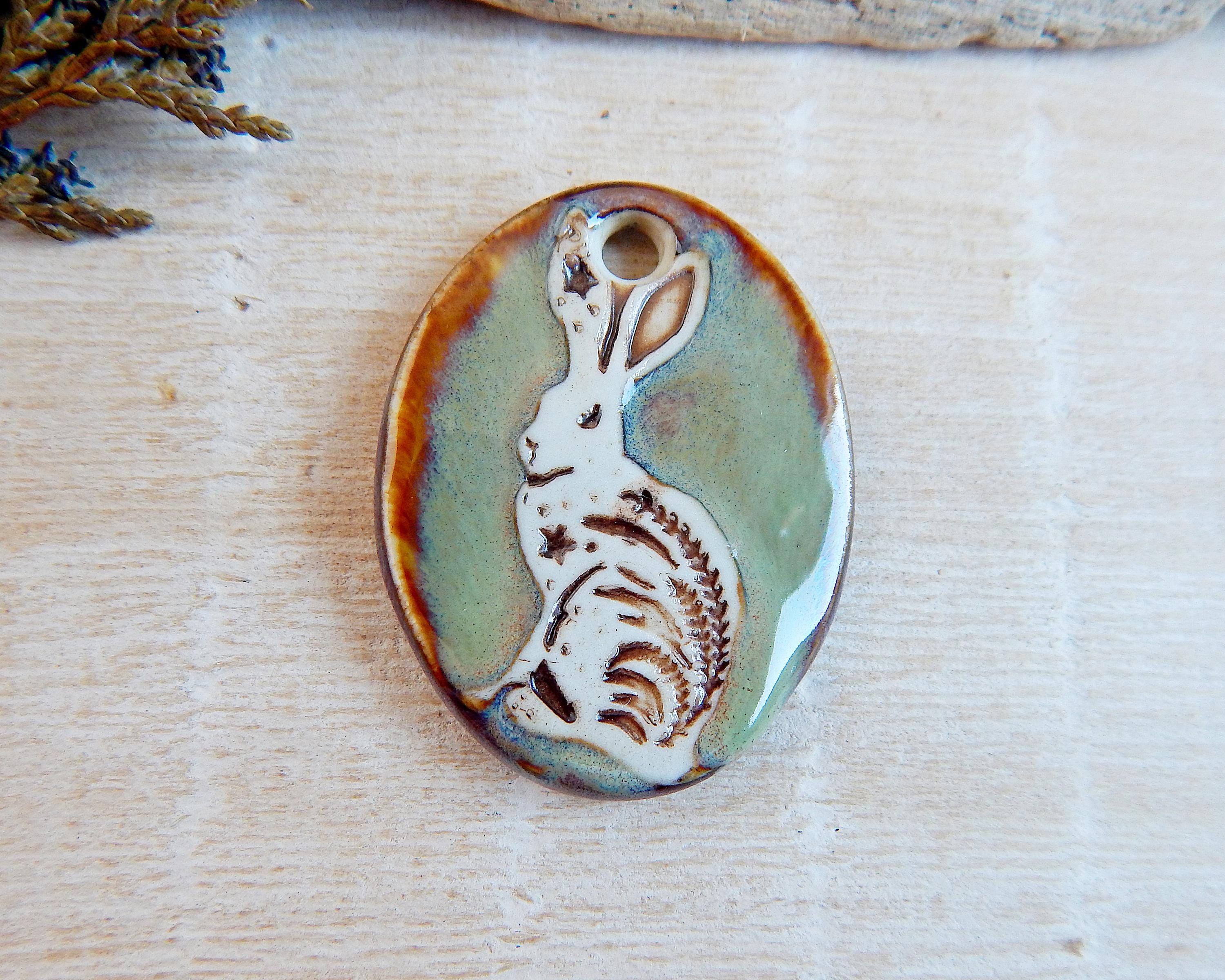 Artisan Hare ceramic pendant, Rustic rabbit charm for making necklace, Handmade bunny oval charm, Large boho findings of porcelain