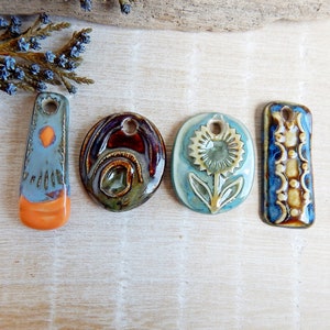 Set Ceramic Pendants, 4 artisan pendants of porcelain, boho necklace supplies, lot handcrafted pendants