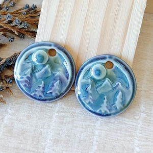 Mountains landscape artisan charms, 2pcs Ceramic earring findings, Handmade forest components for jewelry making, Handcrafted rustic pendant