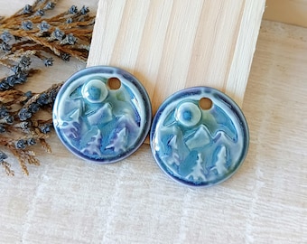 Mountains landscape artisan charms, 2pcs Ceramic earring findings, Handmade forest components for jewelry making, Handcrafted rustic pendant