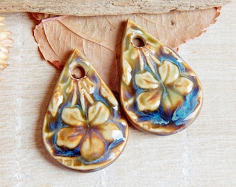 Boho floral drop earring charms, flowered ceramic pendants, bohemian charms, artisan ceramic findings