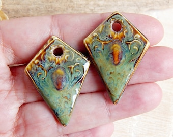 Diamond shaped charms, artisan ceramic earring components, romantic jewelry supplies, handcrafted pendants filigree design