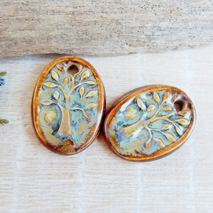 Tree of life ceramic charms, Artisan nature pendants, Pair of oval porcelain components, Boho findings to make earrings, Ceramic beads image 4