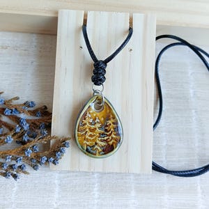 Drop pine tree pendant necklace of ceramic, Artisan adjustable forest necklace of porcelain,Unisex jewelry gift for nature lover