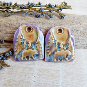 Artisan domed forest charms for DIY jewelry making, 2pcs Handcrafted bear ceramic pendants, Handmade bright porcelain findings for necklace