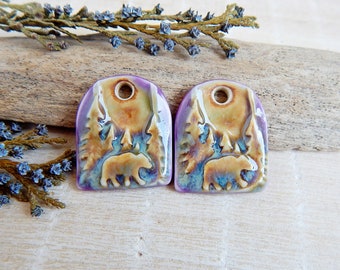 Artisan domed forest charms for DIY jewelry making, 2pcs Handcrafted bear ceramic pendants, Handmade bright porcelain findings for necklace