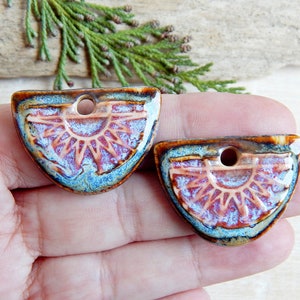 Pair boho components for making earrings, Artisan jewelry charms of ceramic, Handmade dangle findings, Handcrafted rustic pendants porcelain image 3