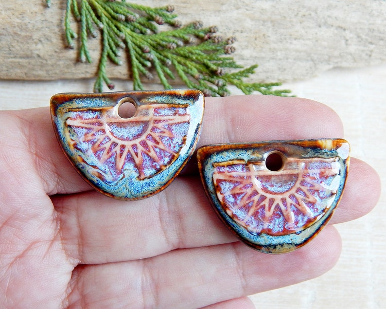 Pair boho components for making earrings, Artisan jewelry charms of ceramic, Handmade dangle findings, Handcrafted rustic pendants porcelain image 3