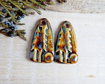 Pine tree ceramic earring charms, 2pcs Artisan boho long jewelry findings, Unique artisan components, Handmade porcelain focal beads