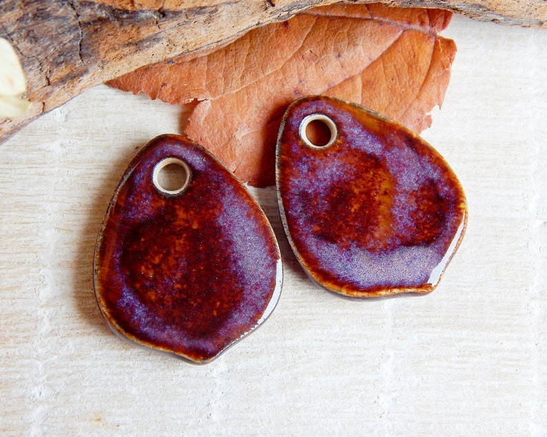 Drop ceramic earring charms, 2 pcs Boho dangle finding for Jewelry maker, Artisan rustic textured connector 1 hole, Unique handmade supplies image 6