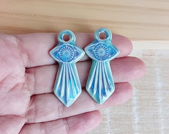 Long artisan eye charms in ceramic, 2pcs Evil eye porcelain pendants for making jewelry