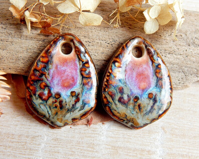 Drop ceramic earring charms, earthy pendants to jewelry making, boho artisan findings, large pottery beads of boho style, handcrafted charms image 6