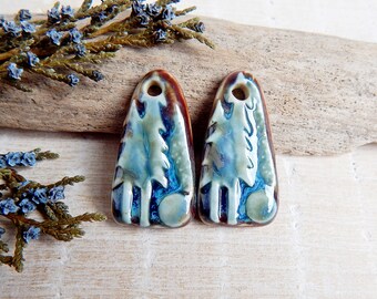 Pine tree artisan ceramic charms, 2pcs Handmade landscape long jewelry findings, Unique artisan components, Boho porcelain focal beads