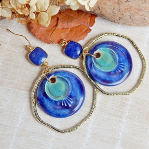 Round handcrafted earring charms, Pair dangle ceramic beads, Boho ceramic pendant for making jewelry, 2 pcs handmade blue focal image 8