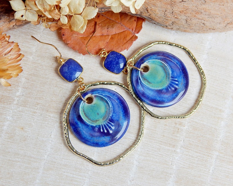 Round handcrafted earring charms, Pair dangle ceramic beads, Boho ceramic pendant for making jewelry, 2 pcs handmade blue focal image 8