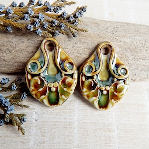 Green organic drop earring charms, 2pcs Handcrafted porcelain charms for making jewelry, Artisan boho findings of ceramic, Unique art beads
