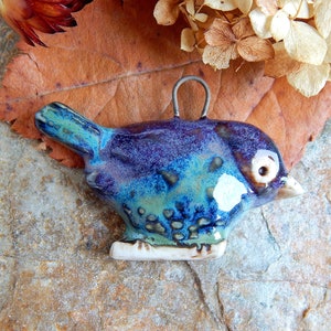 Ceramic Bird charm of necklace, Animal focal to make jewelry, Handcrafted purple pendant, Artisan boho findings, Animal lover DIY