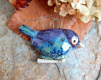 Ceramic Bird charm of necklace, Animal focal to make jewelry, Handcrafted purple pendant, Artisan boho findings, Animal lover DIY