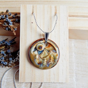 Mountains landscape necklace of ceramic, Artisan earthy forest round pendant of porcelain, Handmade nature inspired jewelry for gift