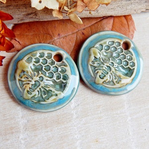 Honeycomb round earring charms, 2 honey bee artisan ceramic jewelry components, Handcrafted boho findings, Handmade unique pendants image 6