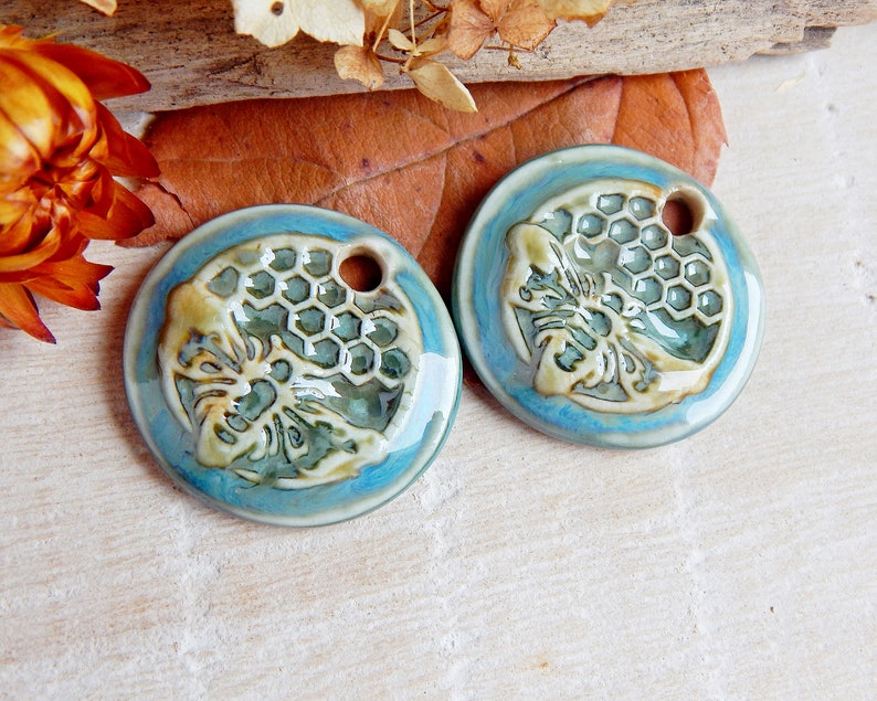 Honeycomb round earring charms, 2 honey bee artisan ceramic jewelry components, Handcrafted boho findings, Handmade unique pendants image 6