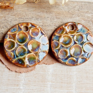 Artisan circles charms for earring making, Textured round ceramic jewelry components, Organic rustic findings, Pair handmade earthy pendants image 1