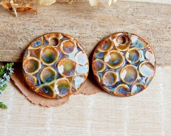 Artisan circles charms for earring making, Textured round ceramic jewelry components, Organic rustic findings, Pair handmade earthy pendants