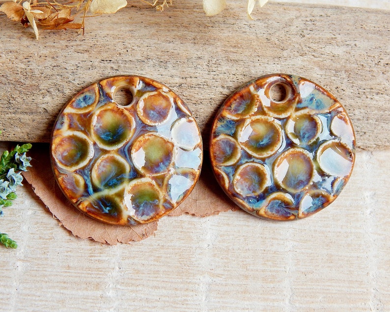 Artisan circles charms for earring making, Textured round ceramic jewelry components, Organic rustic findings, Pair handmade earthy pendants image 1