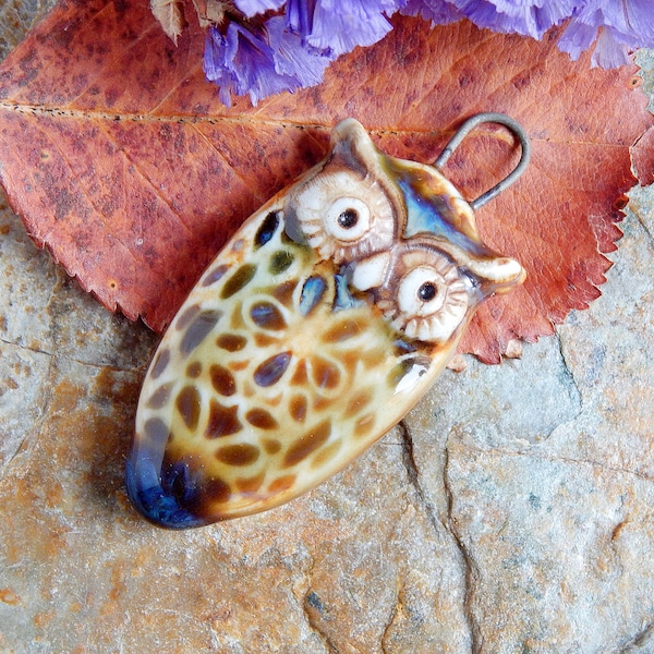 Owl Connector Pendant Ceramic, Bohemian Making Components, Barn Owl Charm, Handcrafted Jewelry Design, Woodland Porcelain Pendant