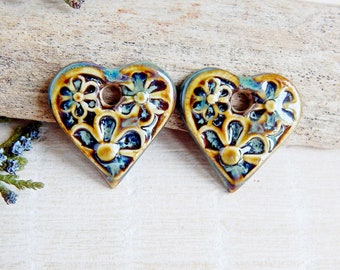 Small ceramic charms heart shaped, Handmade flowers earring charms, Artisan boho findings for DIY jewelry, 2 pcs porcelain pendants