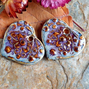 Purple heart ceramic charms, 2pcs rustic flower pendants, dangle earring findings, large boho jewelry making supplies, porcelain charms image 3